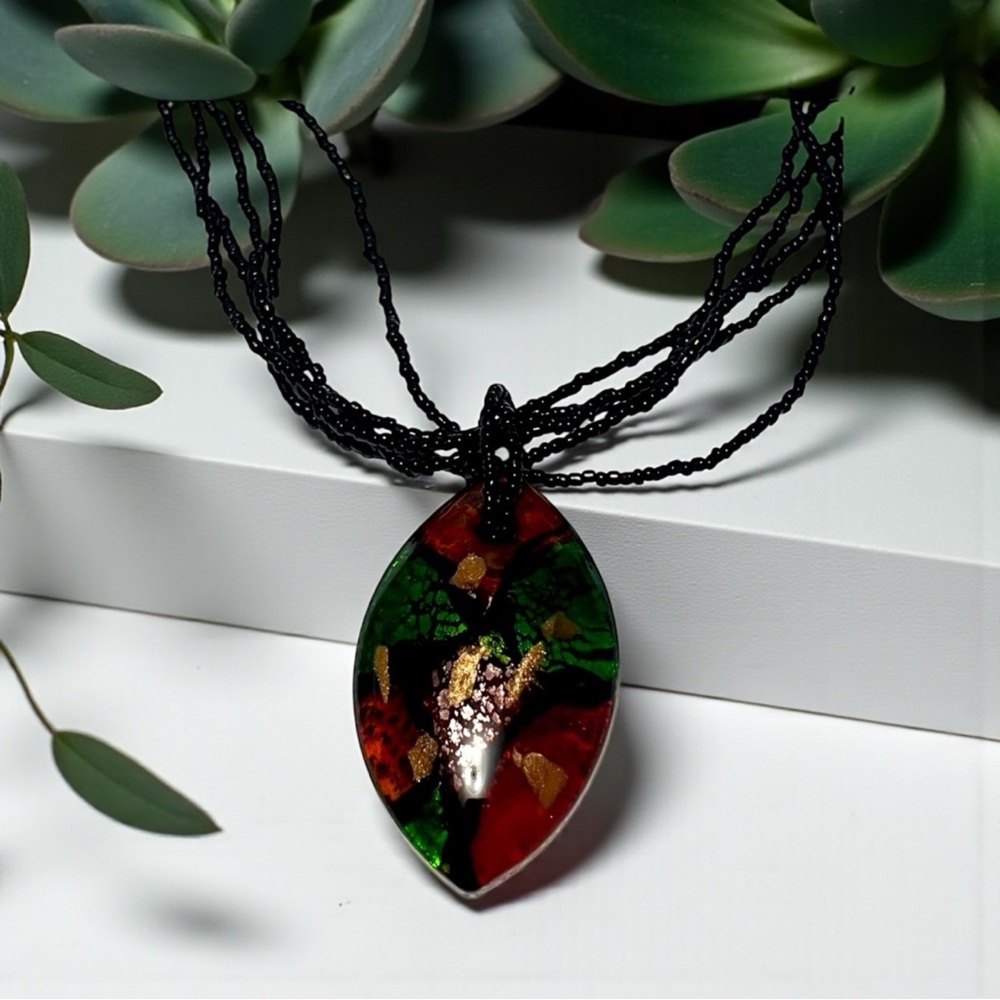 Reddish-Orange Murano Glass Pendant Necklace with Multi-Strand Seed Beaded Chain